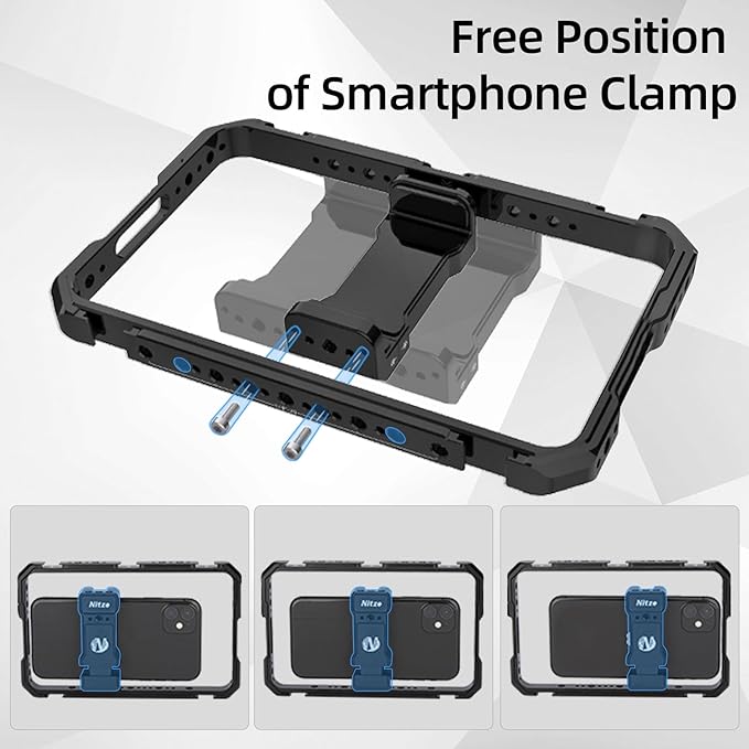 Nitze Smartphone Cage, Aluminum Phone Video Rig, with Adjustable Cellphone Clamp, 5 Built-in Cold Shoes, for Videomaker, Videographer, Vlogger and Youtuber - T-MP01A
