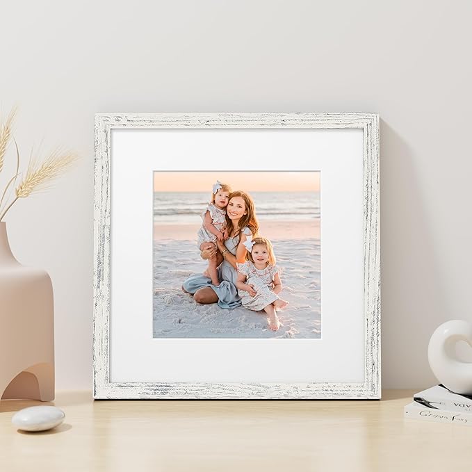 Vittanly 12x12 Picture Frame, Made of Solid Wood and Shatterproof Plexiglass, Display Pictures 8x8 with Mat or 12x12 without Mat, Wooden Photo Frame for Wall Mounting, Distressed White, 1 Pack