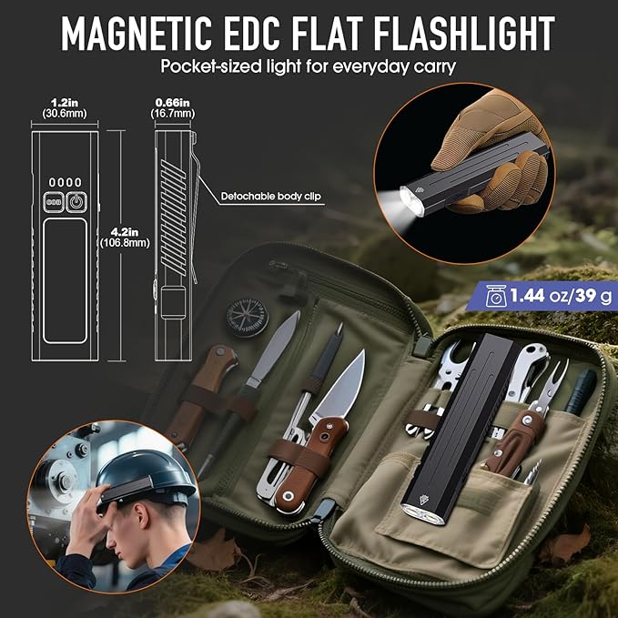 Hoxida Rechargeable EDC Flashlight High Lumens, Pocket Mini Flashlight with Tactical Strobe Button, Portable Magnetic Small EDC Flat Flashlight for Camping, Emergency,1pcs