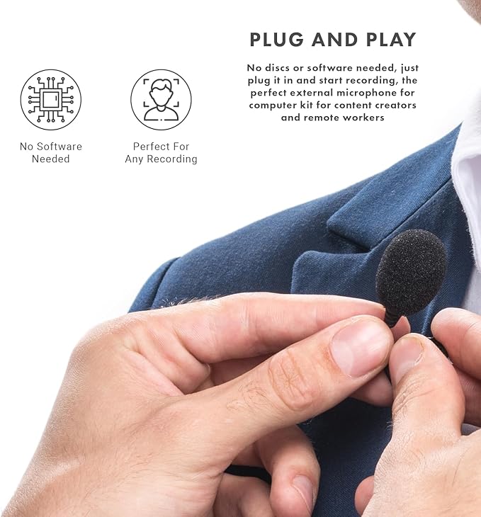 Movo LV1-USB Lavalier Microphone for Camera, Lapel for iPhone and Android Smartphones, Body Lav Mic, Clip On Microphone for 3.5mm, Shirt Lapel Mic for Phone, GoPro, Interview, Computer, PC