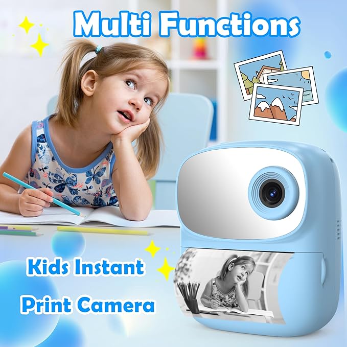 Kids Camera Instant Print for Kids, Kid Camera Instant with Mirror, HD Dual-Lens Selfie Digital Camera with 3 Rolls Print Paper & 32GB Card, Holiday Birthday Gifts Toys for Girls Boys Toddler.（Blue