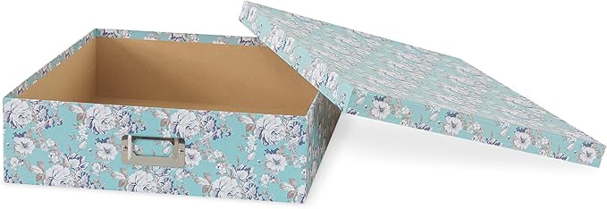 Soul & Lane Photo Storage Box with Lid, 14.8 × 13.0 × 3.7 Inches, Floral Keepsake Memory Organizer, Cardboard Storage for Photo Albums, Scrapbooks, Artwork, Stationary, Memorabilia, Blue Cottage