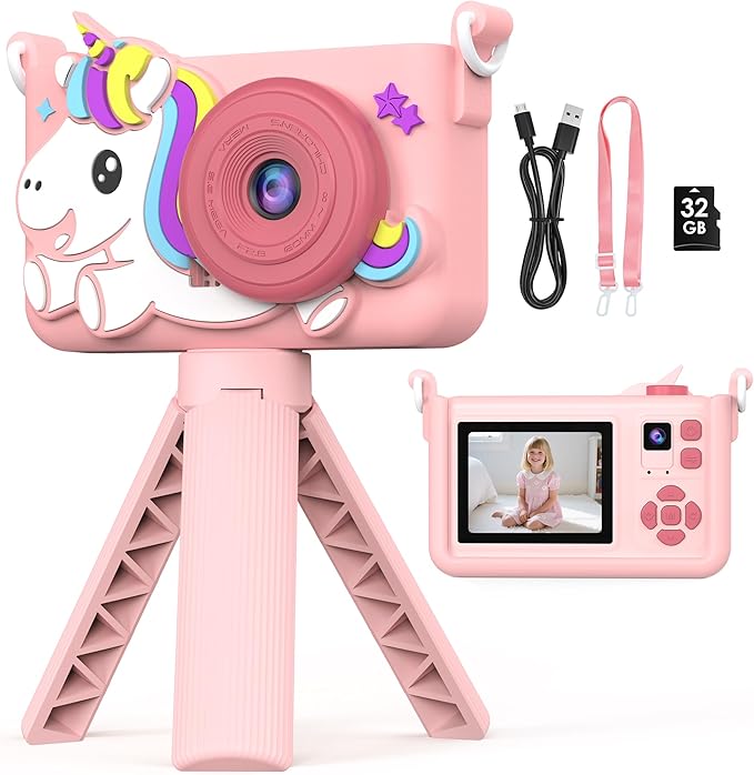 Kids Camera for Girls with Tripod & 32GB Card, 1080P HD Toddler Digital Video Camera, Portable Travel Toy Best Birthday Festival Gifts for Girl 3 4 5 6 7 8 9 10 Year Old