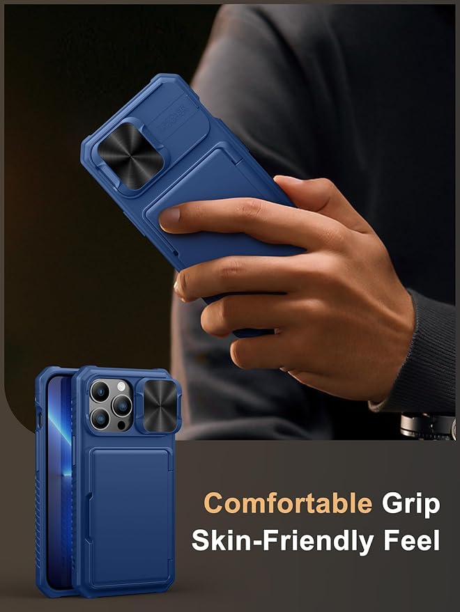 Vihibii for iPhone 13 Pro Case with Card Holder (4 Cards), [RFID Blocking] & Slide Camera Cover, Military Grade Drop Protection, Heavy Duty Shockproof Wallet Cover for iPhone 13 Pro, 6.1" 2021, Blue