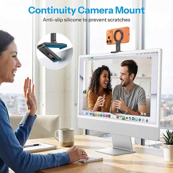 OMOTON VC07 360°Rotating Continuity Camera Mount for iMac Desktop Monitor Mount with 1/4" Screw, Adjustable Magnetic Phone Stand for MagSafe iPhone 17/16 Pro Max Air, Mac, Gym, TV, 4K, Laptop