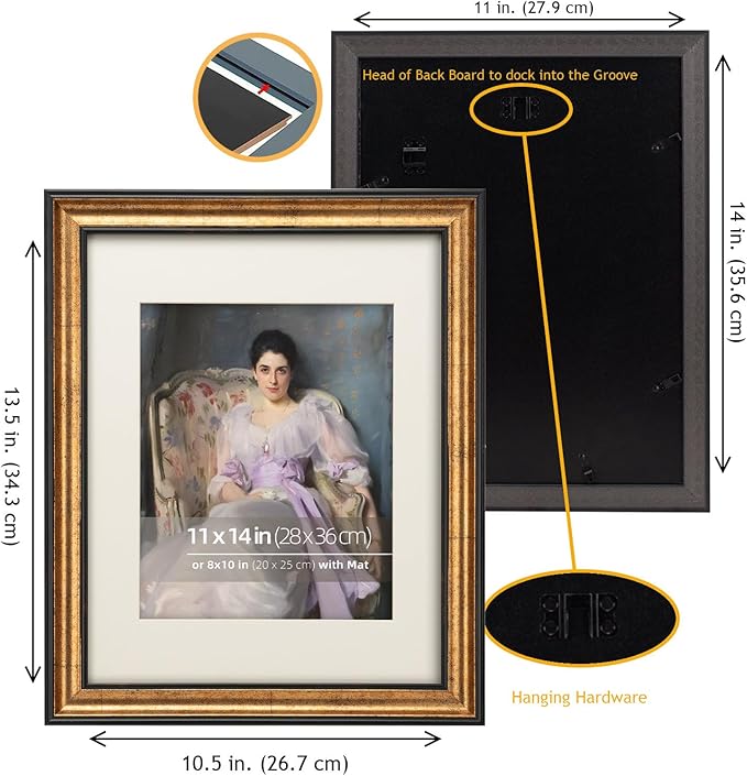 11x14 Antique Gold with Dark Brown Border Trim Wood Ornate Vintage Classic Picture Frame, With Mat 8x10 inches, Real Glass Protection, Horizontal or Vertical Display