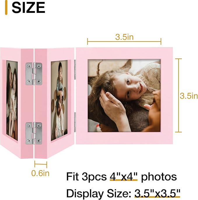decorUhome Triple 4x4 Picture Frame Vertical, Engineered Wood Trifold Photo Frame with Plexiglass for Tabletop Display, 4x4, Pink
