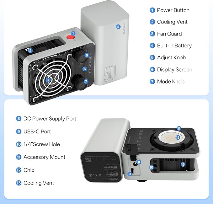 ZHIYUN CINEPEER CX50, 50W RGB Video Light, Full Color 2700K-6500K Portable Camera Light, TLCI/CRI96+, APP Control with Grip Battery, 18 Creative Effects for Video Recording/Portrait Shooting