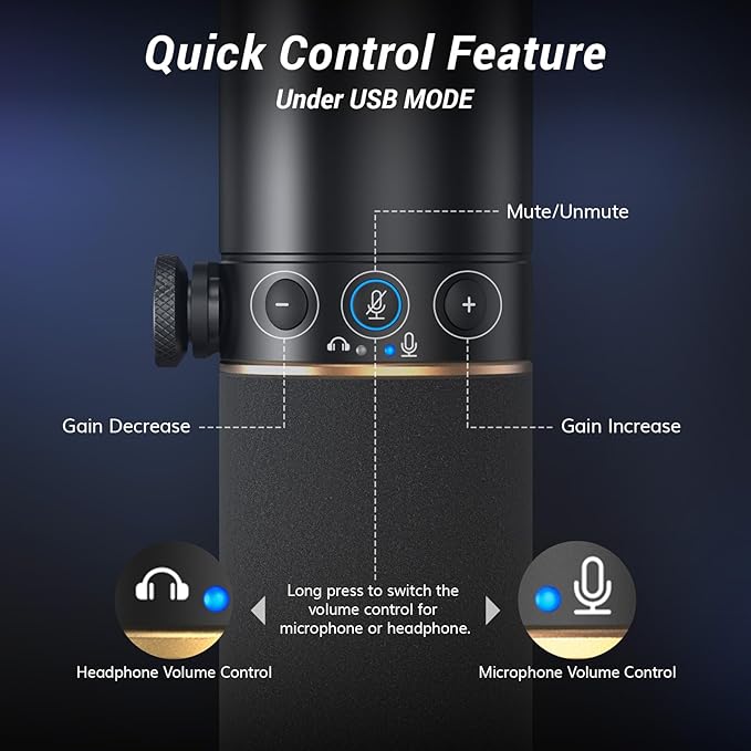 TONOR Dynamic Podcast Microphone, XLR/USB Mic for Recording, Streaming, XLR Cardioid Studio Mic with Quick Mute, 3.5mm Jack, Volume Control, 200 cm/78inch Cable, with Desktop Stand, Black, TD510