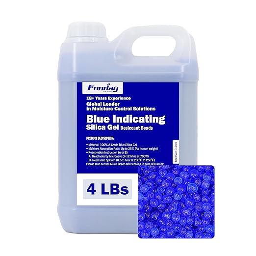 4LBS Fonday Blue Indicating Silica Gel Beads Desiccant Moisture Indicating Blue to Pink Reusable Industry Standard Bead Size 3 to 5mm