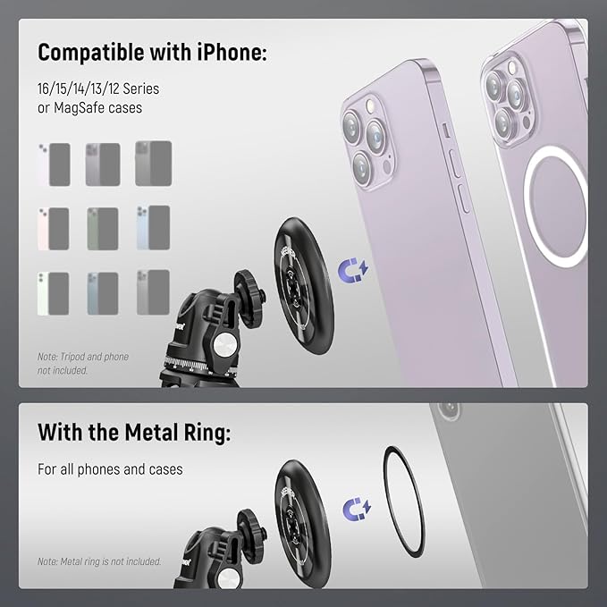 Neewer Magnetic Phone Tripod Mount Adapter with Adhesive Magnetic Ring 2 Pack Compatible with MagSafe iPhone 16 15 Pro Max Plus 14 13 12, 1/4" Thread for Video Recording Selfie Stick Ring Light, PA010