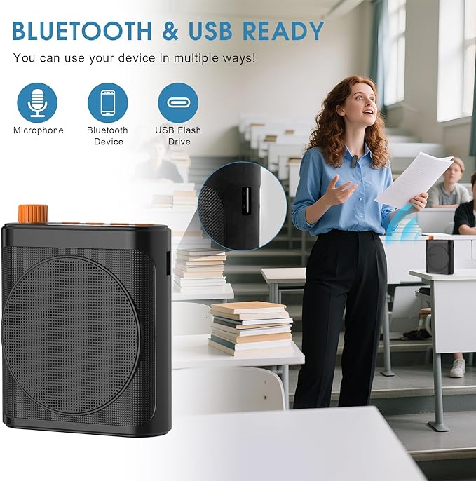 15W Wireless Voice Amplifier with 2 Magnetic Lavalier Mics & Noise Reduction - Bluetooth 5.3 PA System for Teachers, Tour Guide, Yoga - 15H Rechargeable Battery, Waist-Mount Design (Black)