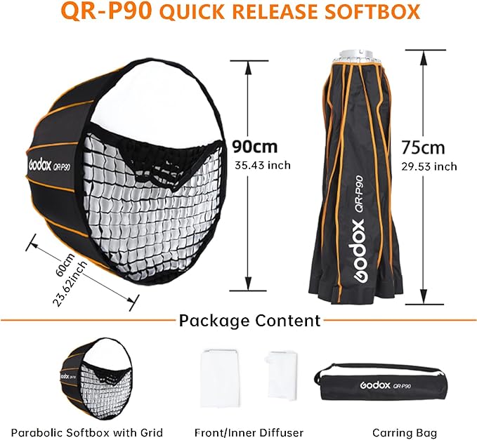 Godox Quick Release Parabolic Softbox,QR-P90 35.4”/90cm Portable Bowens Mount Soft Box with Honeycomb Grid,Carry Bag,Front/Inner Diffuser for Photography Studio Portrait Live Streaming Video Shooting
