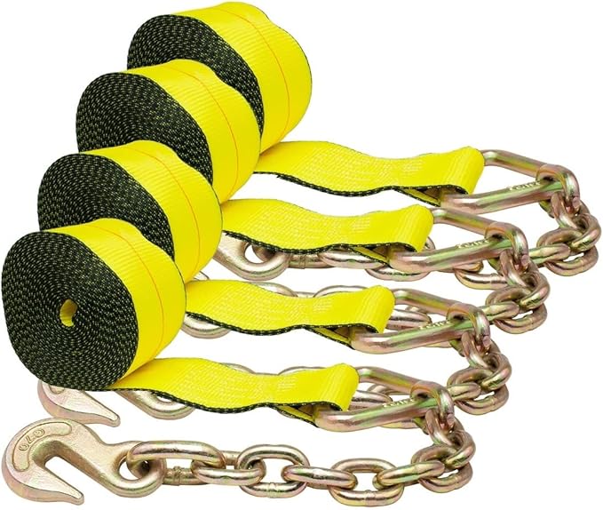 Mytee Products 4 Pack 4" x 40' Heavy Duty Winch Straps with Chain Anchor WLL# 5400 LBS - Flatbed Tie Down Truck Straps - 4 Inch Cargo Control for Flatbed Truck Utility Trailer