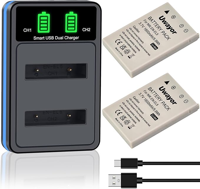 EN-EL5 Battery 2 Pack and Dual Charger for Nikon CoolPix P530, P520, P510, P500, P100, P90, P80, P6000, P5100, P5000, P5900, P7900, P5200, 3700, 4200, P3, P4,S10 Camera