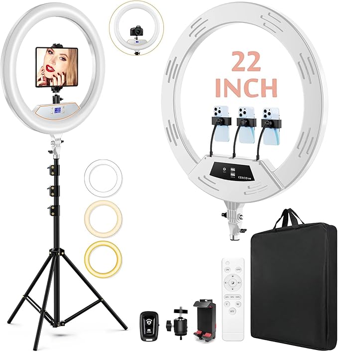 22"Ring Light with Stand,Ring Light Tripod for iPhone ipad,with 75"Tripod/LCD Display/4 ipad iPhone Clips/2 USB Ports,2600K-6500K Color Temperature,for Barber Makeup Tattoo TikTok Video Recording Vlog