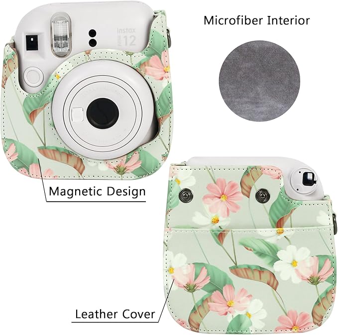 Frankmate Protective Case Fit for Fujifilm Instax Mini 12 11 9 8 Camera, PU Leather Camera Bag with Pocket and Adjustable Shoulder Strap (Retro Daisy)