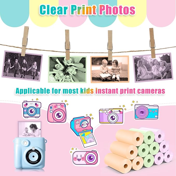 Hikkon 12 Rolls Kids Instant Camera Thermal Print Paper Refill - 3 Colors (Pink, Blue, Yellow) Compatible with Most Children Instant Print Cameras