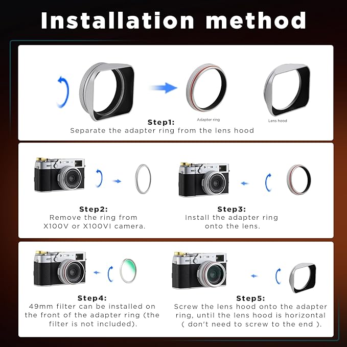 Haoge LH-X200S Square Metal Lens Hood with 49mm Adapter Ring Metal Cap for Fujifilm X100VI x-100vi x100v x100f x100t x100s Fuji Photo Camera Accessories Silver