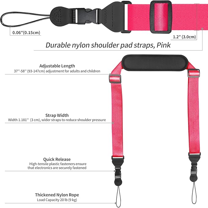 Universal Shoulder Strap, Neoprene Padded Bag Strap with Double Adjustable Buckles, Replacement Comfortable Neck Strap for Camera, Cellphone Tablet,iPad, Laptop, Binocular, Luggage Bag(Fuchsia)