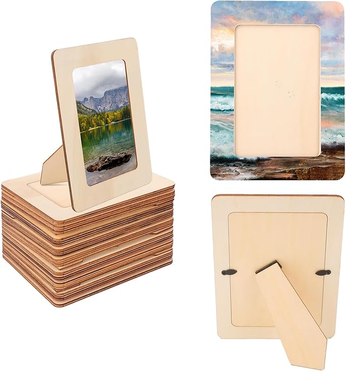 kukmakri 30 Pack Unfinished Wooden Picture Frames Set with 4x6 inch Photos, Wooden Frames for Crafts, Standing Postcard & Photos Picture Frame Set –Suitable for Crafts DIY, Souvenir decoration
