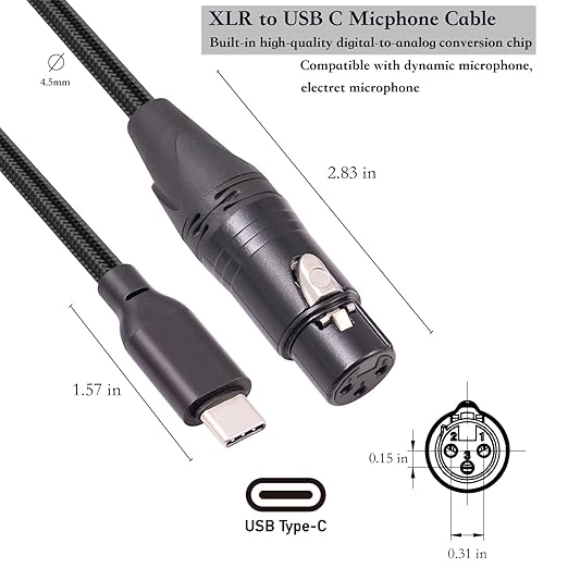 6FT USB C to XLR Female Audio Cable - Compatible with Microphones, Smartphones, Tablets
