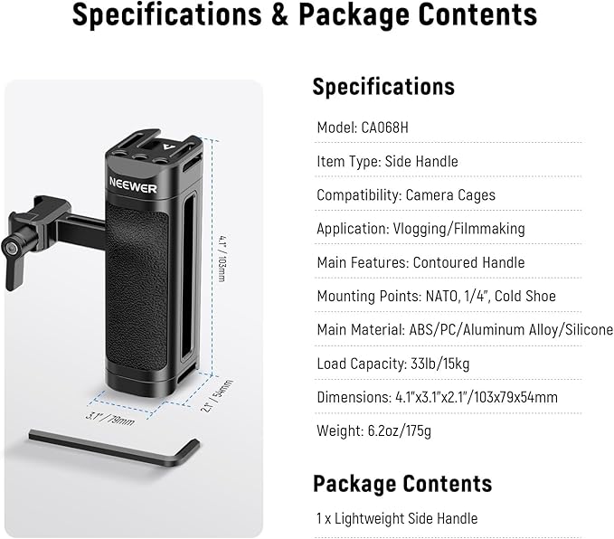 NEEWER Lightweight NATO Side Handle, Camera Cage Rig Handle with Contoured Silicone Grip, NATO Clamp, 1/4" Threads, Cold Shoe, Vertical Adjustment, Compatible with SmallRig NEEWER Cage, CA068H