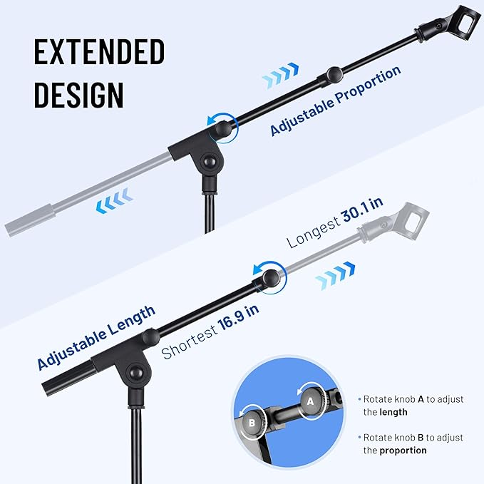 CAHAYA Mic Stand Floor Adjustable - Tripod Boom Arm Microphone Stand with Carrying Bag 2 Mic Clips 3/8" to 5/8" Adapter for Singing Podcast Compatible with Blue Yeti Shure SM58 SM48 Fifine K669B
