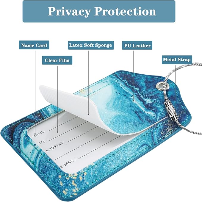 (Set of 2) Luggage Tag Leather Privacy Cover ID Label Address Card with Stainless Steel Loop, Travel Bag Tags Suitcase Labels, Flowing Blue