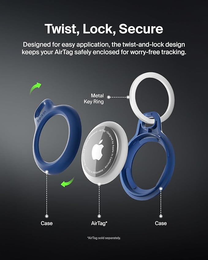 Belkin Apple AirTag Secure Holder with Key Ring, Durable Scratch Resistant Case With Open Face & Raised Edges, 2 count (Pack of 1)