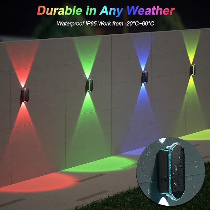 Ellasay Solar Fence Lights Backyard: 8-Pack Fence Lights Solar Powered 8 WRGB Color Modes - Up & Down Waterproof Solar Wall Lights for Outdoor/Yard/Poolside/Porch/Patio/Railing
