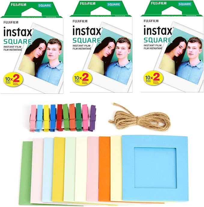 3X Fujifilm Instax Square Instant Film (60 Exposures) + Hanging Photo Frames for Square Film Assorted Colors – Deluxe Accessory Bundle