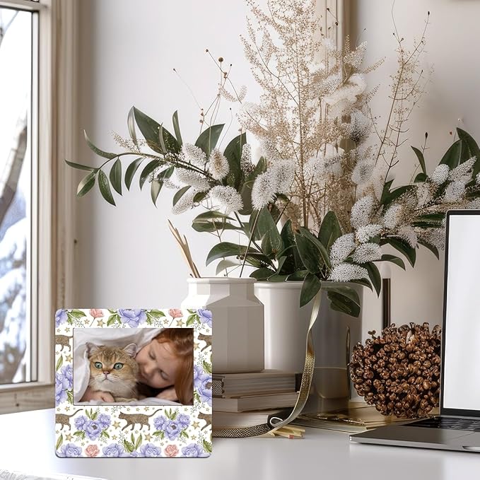 Pet Lover Picture Frame 4x6 Pink Vintage Cat Pattern, Cute Decorative Photo Frame for Animal Owners, Desktop Tabletop Display Stand, Unique Home Decor Accent Gift for Cat Mom