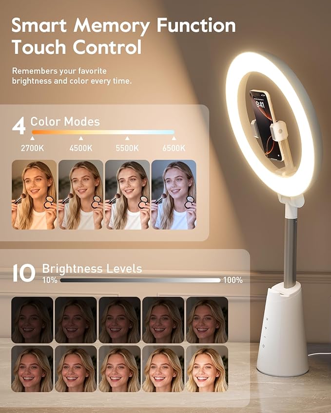 11" True-Color Phone Ring Light with Stand & Dual Phone Mounts – CRI 98+ Soft Desk Selfie Light, 224 LEDs, 4 Color Modes, Touch Control for Makeup, Live Streaming, Video Recording, Zoom Calls & TikTok