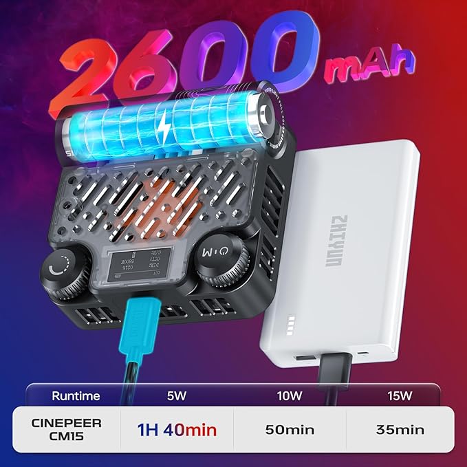 ZHIYUN CINEPEER CM15 15W RGB Video Light Fill Handheld Light 2600mAh CRI 94+ 2500k~10000k Outdoor Photography Selfie Light Rechargeable Portable 360° Full Color Camera Light Cold Shoe