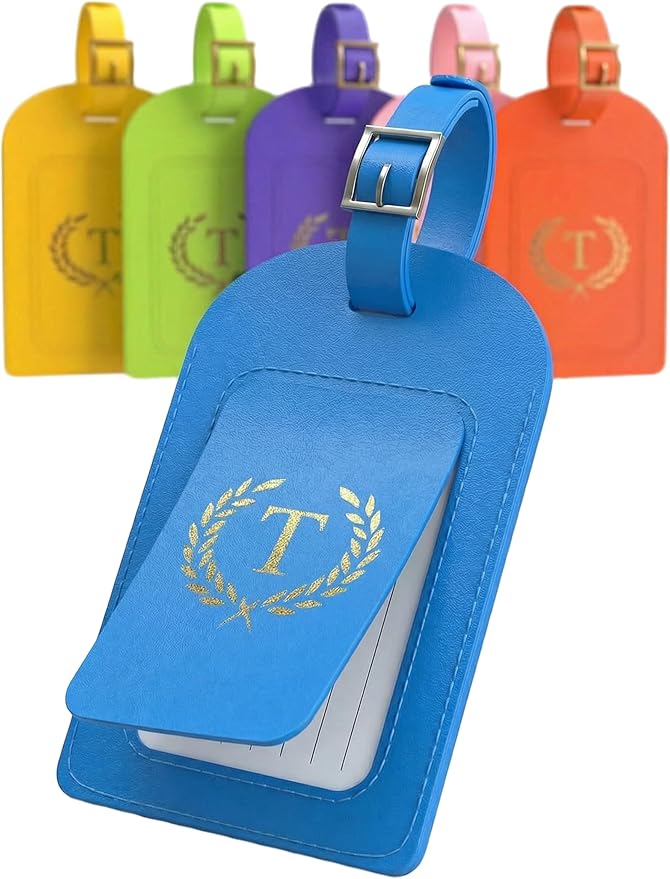Luggage Tags for Suitcases 6 Pack PU Leather Travel Bag Tags with Privacy Cover & Stainless Steel Buckle, Vegan Leather Name ID Labels for Travel Bags, Cruise, Airline, Backpack, Baggage Identifier(T)