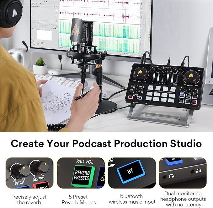 MAONO Audio Interface, MaonoCaster 10-Channel Podcast mixer with Pro-preamp, 48V Phantom Power, Bluetooth, 11 Customize sound pads for Recording, Streaming, Youtube, TikTok, PC, Guitar (AME2)