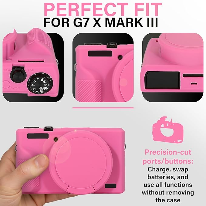 STSEETOP Camera Case for Canon PowerShot G7X Mark III - Protective Silicone DSLR Skin with Lens Cover, Detachable Cage, Shockproof, Dustproof (Rose)