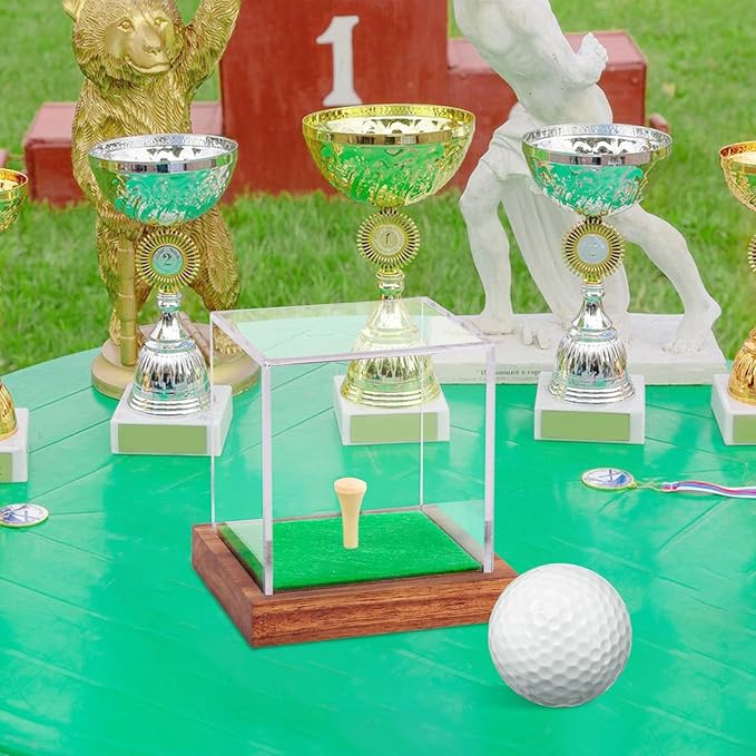 Hooqict 2 Pack Golf Ball Display Case Clear Acrylic Golf Ball Case Display with Wood Base & Tee Ball Holder Stand UV Protected Square Cube Box Golfball Collections