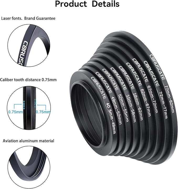 9Pcs Filter Ring Adapter Set,Camera Lens Filter Metal Stepping Rings Compatible All Brands UV ND CPL (40.5-49mm,49-52mm,52-55mm,55-58mm,58-62mm,62-67mm,67-72mm,72-77mm,77-82mm)