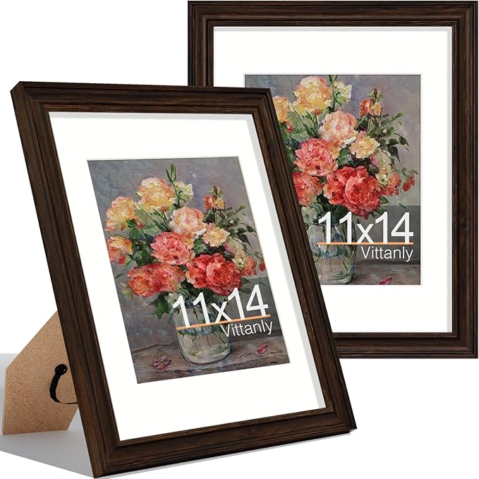 Vittanly 11x14 Picture Frames Set of 2, Ornate Vintage Photo Frame for Wall or Tabletop, Display 8x10 Pictures with Mat or 11x14 without Mat, Rustic Brown
