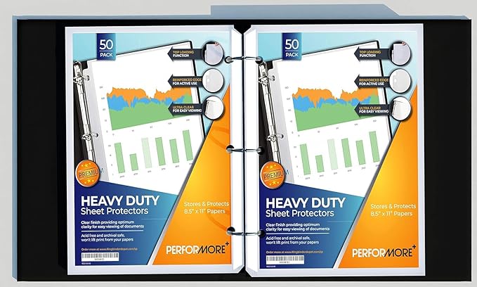 Performore 50-Pack Clear Sheet Protectors | 8.5 x 11 Inch Heavy Duty Plastic Sleeves | Top Loading Reinforced Hole Page Protectors | Archival Acid-Free Non-Glare for 3 Ring Binders Documents Photos