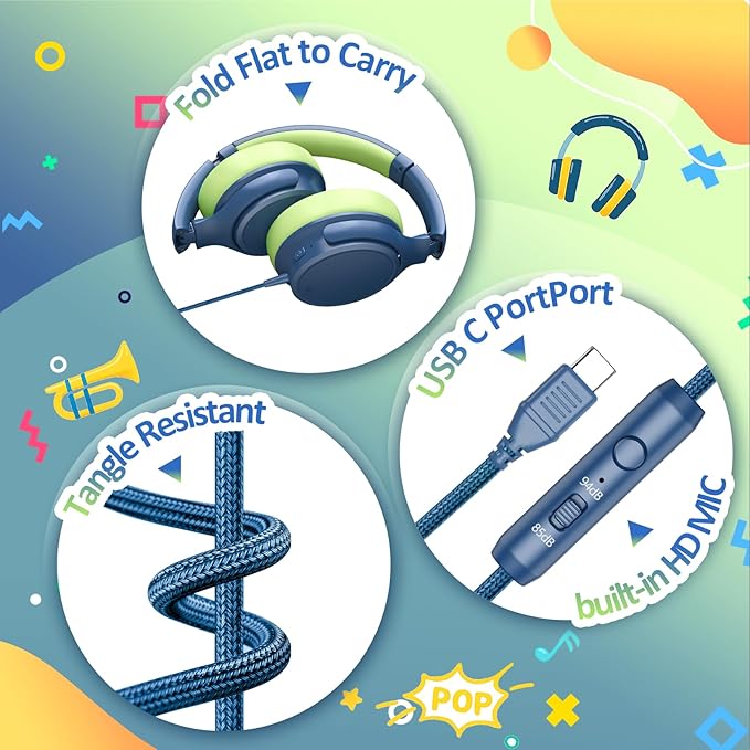 INFURTURE Kids Headphones Over-Ear with Microphone - Wired USB-C Headphones for Children, Active Noise Cancelling, 85/94dB Volume Limiting Safe Headset for School, Travel, Boys & Girls