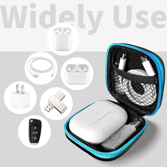 MOLOVA Square Earbud Case Portable EVA Carrying Case Storage Bag Tech Pouch Cell Phone Accessories Organizer with Carabiner for Earphone, Earbud, Earpieces, SD Memory Card, Camera Chips, Blue