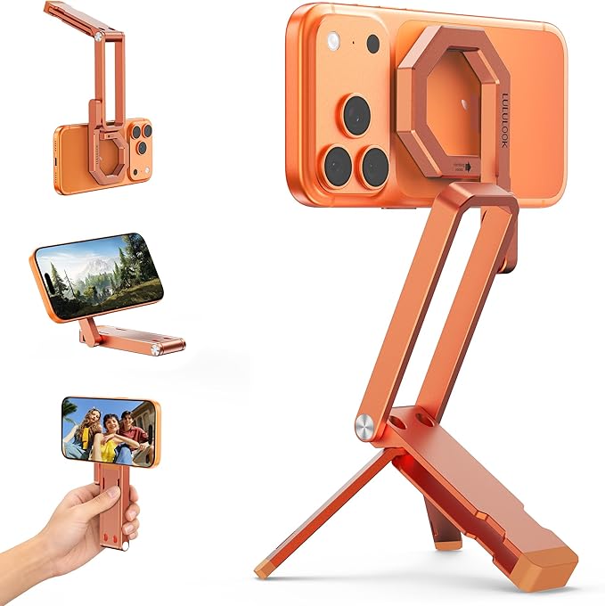LULULOOK Rugged Magnetic Phone Tripod Stand for iPhone/Pixel 10 - Portable Strong Magnetic Phone Holder for Magsafe - Tripod Mount for iPhone 13/14/15/16/17 Pro Max & Air (Orange)