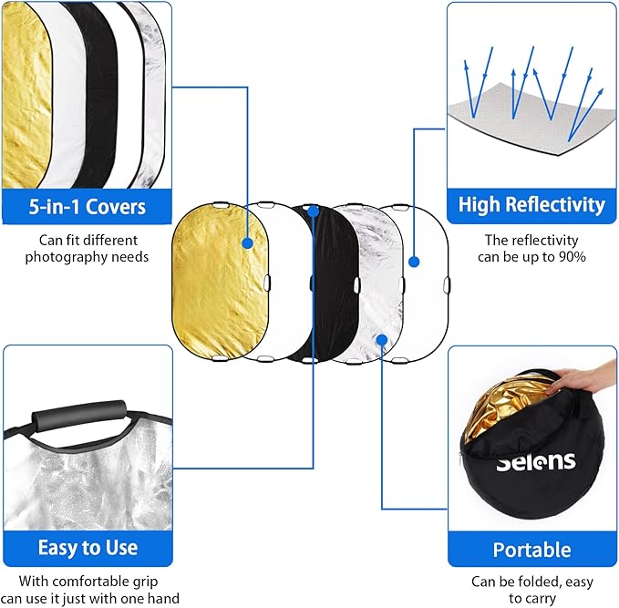 Selens 5-in-1 Oval Reflector with Handle for Photography Photo Studio Lighting & Outdoor Lighting (59 x 39 Inch)