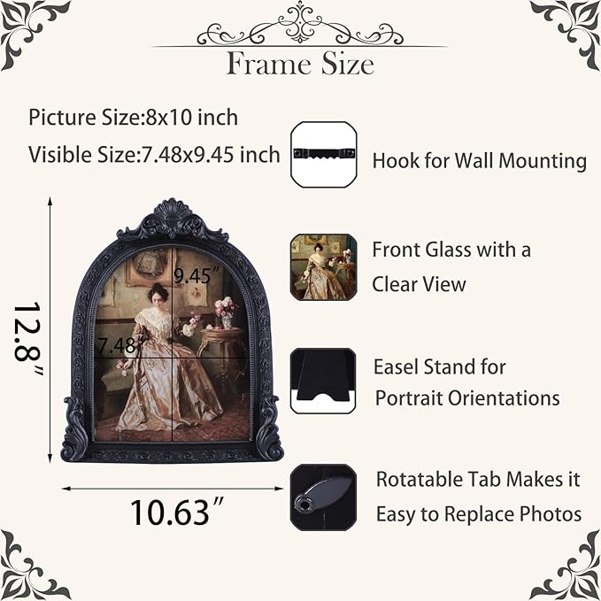 Vintage Picture Frames 8x10 Ornate Black Antique Picture Frames for Wall and Tabletop Vintage Photo Frame Victorian Home Decor Gallery Wall Decor in Arch Shape