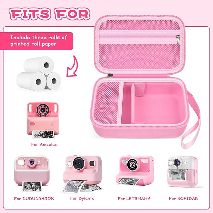Kids Instant Print Camera Case for Dylanto/for Gofunly/for DUDUDRAGON/for ESOXOFFORE, Digital Video Camera Storage Box with 3 Roll Papers, Holder for Color Pen and Accessories (Bag Only)- Pink