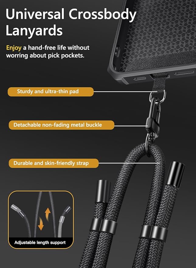 Vihibii for iPhone 15 Pro Max Case with Crossbody Lanyard Strap, Build-in Card Holder (4 Cards) & Slide Camera Cover & Kickstand, Military Grade Drop Protection, Hard Back & Soft Edge Case, Black