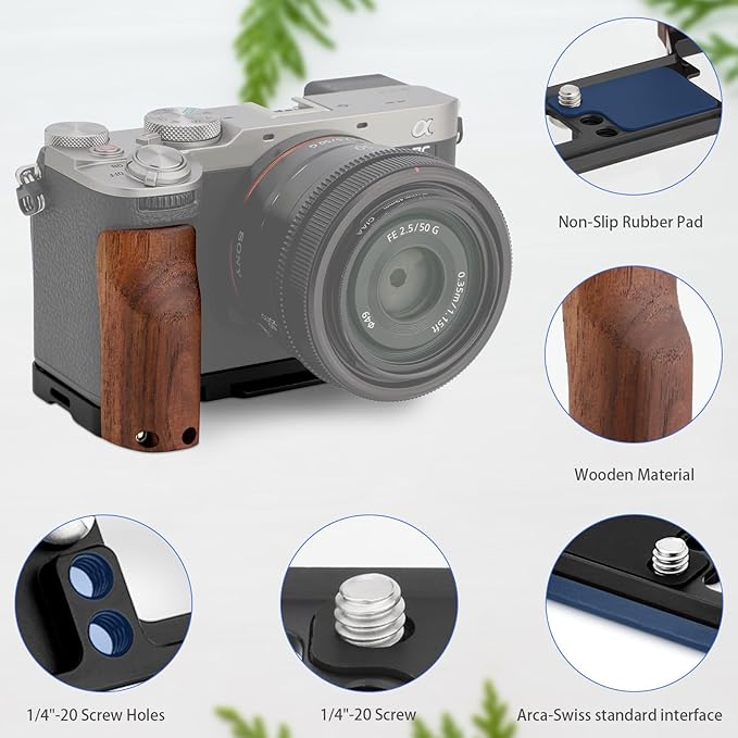 Leftfoto A7CR/A7C II Handgrip L-Shape Bracket with Wooden Grip for Sony A7CR/A7C2 Camera,with Built-in Bottom Arca Quick Release Plate,Ergonomic Retro - Styled Side Handle for Enhanced Grip